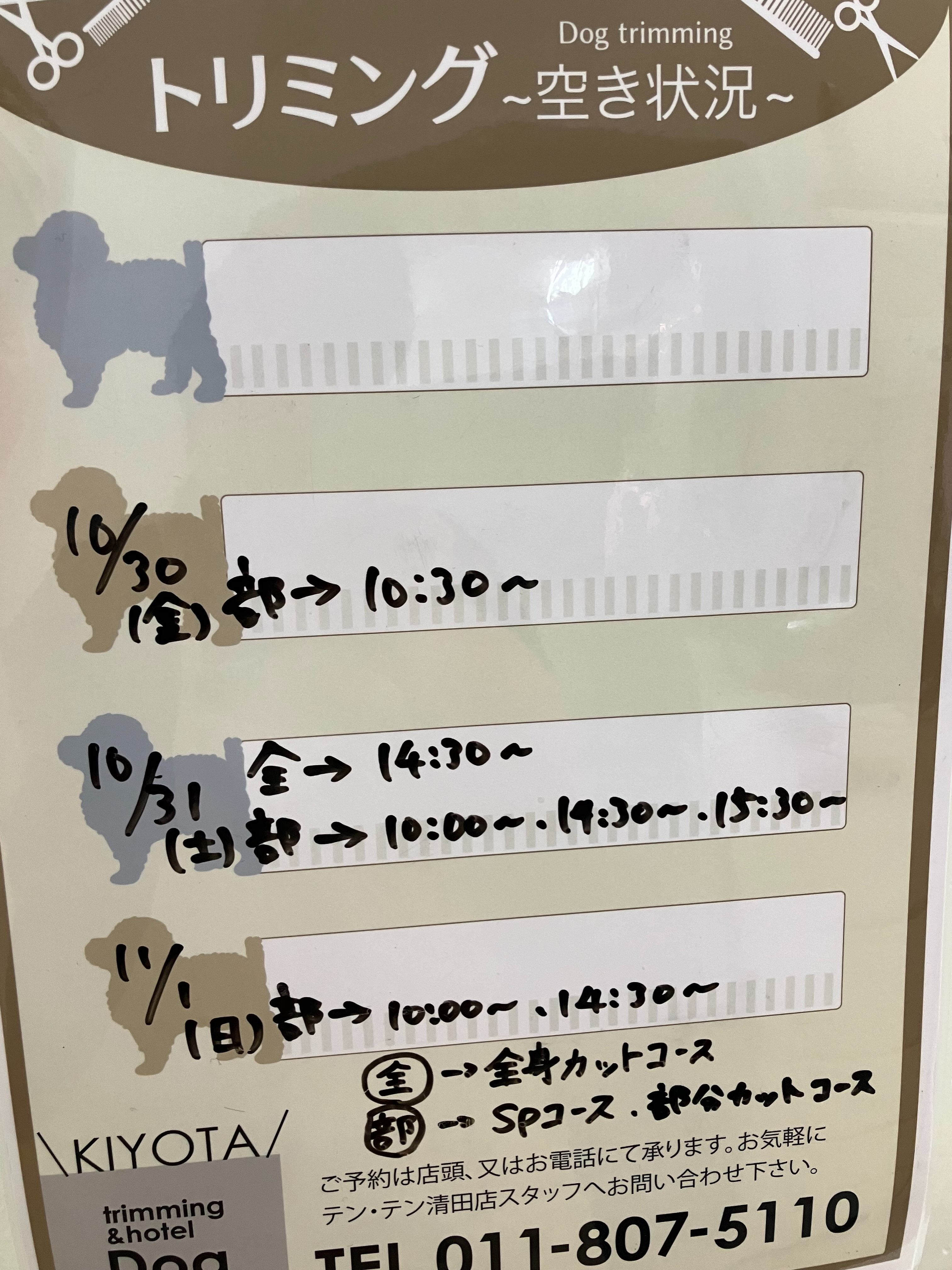 10月25日現在のトリミング空き状況です♪